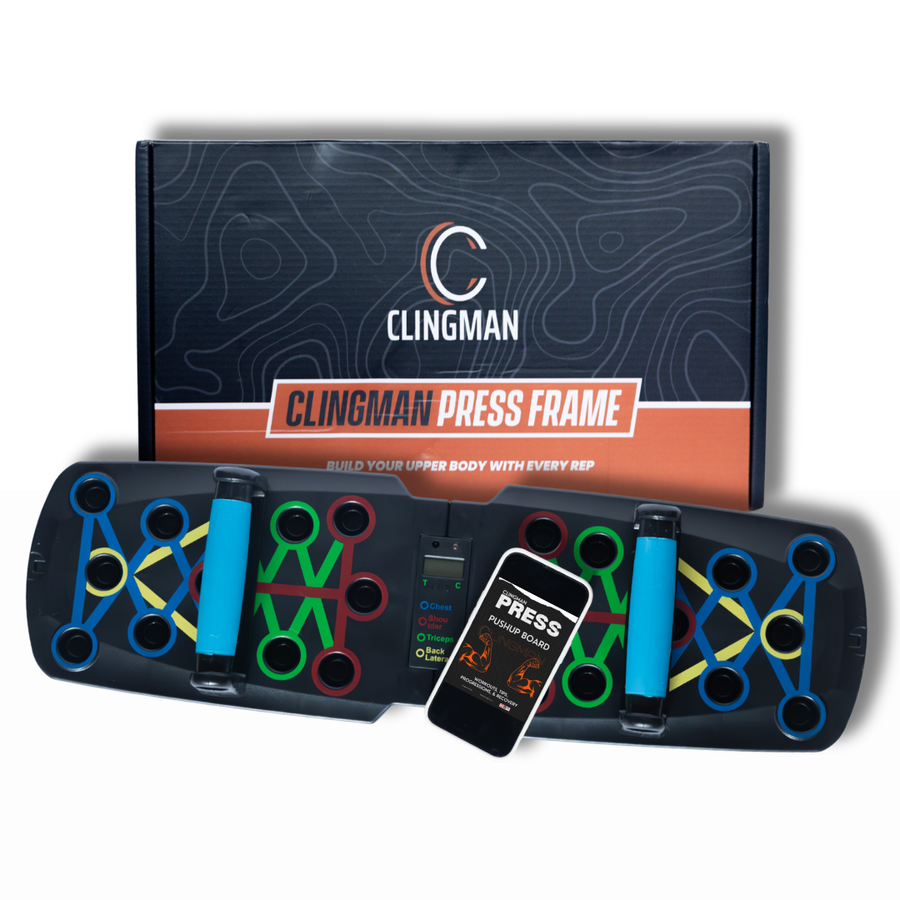 Clingman PressFrame Pro with its box, rep counter and workout guide on a phone